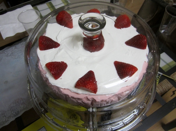 Top view of my no-bake strawberry cheesecake.  I will post about this separately.